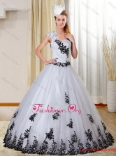 Cheap One Shoulder White and Black Quinceanera Dress with  Appliques for 2015 ZY734TZFXFOR