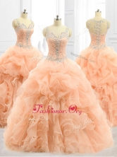 Cheap Straps Beading and Ruffles Quinceanera Dresses in Peach SWQD059FOR