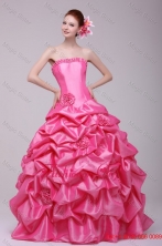 Rose Pink Strapless Hand Made Flowers and Pick-ups Quinceanera  Dress FFQD031FOR