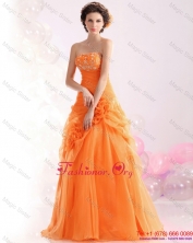 2015 Luxurious Strapless Orange Red Prom Dress with Hand Made Flowers and Beading WMDPD176FOR