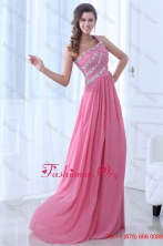 2015 Winter Empire One Shoulder Rose Pink Ruching Beading Chiffon Prom Dress FFPD0527FOR