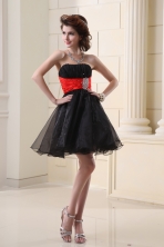 A-line Strapless Organza Black Mini-length Prom Dress with Beading and Ruching FVPD060FOR