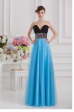 Aqua Blue and Black Empire Sweetheart Tulle Prom Dress with Beading FVPD261FOR