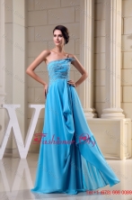 Chiffon Strapless Brush Train Aqua Blue Beaded Prom Dress Zipper-up WD5-026FOR