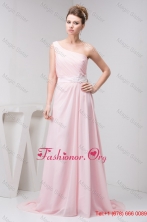 Court Train One Shoulder Baby Pink Chiffon Prom Dress with Appliques WD4-1143FOR