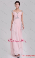 Elegant Empire Off The Shoulder Cap Sleeves Pink Prom Dresses with Beading DBEE013FOR