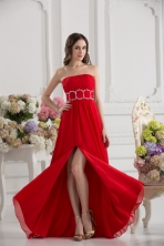 Empier Strapless Chiffon Beading Ruching High Slit Red Prom Dress FVPD198FOR