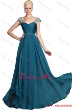 Gorgeous Beaded Teal Cap Sleeves Prom Dresses with Straps DBEE049FOR