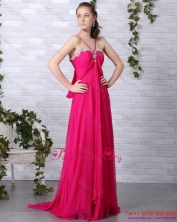 Modern Hot Pink Halter Top Prom Dress with Brush Train WMDPD163FOR