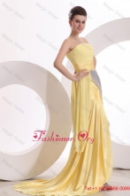 New Column Strapless Ruching Yellow Chiffon Prom Dress with Brush Train FFPD030FOR