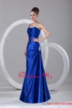 Simple Column One Shoulder Floor length Appliques and Ruching Blue Prom Dress FFPD0976FOR
