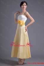 A-line Light Yellow Strapless Hand Made Flowers Ankle-length Prom Dress FFPD0888FOR