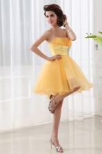 A-line Strapless Organza Gold Mini-length Prom Dress with Ruching FVPD061FOR