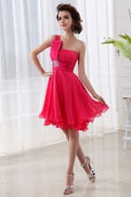 Coral Red A-line One Shoulder Chiffon Ruching Prom Dress FVPD053FOR