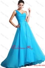 Elegant One Shoulder Aqua Blue Prom Dresses with Brush Train DBEE610FOR