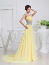 Empire Court Train Yellow Beading One Shoulder Prom Dress FVPD036FOR