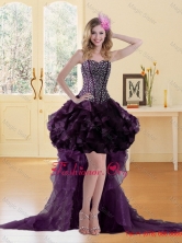 High Low Burgundy Prom Dress with Ruffled Layers and Beading UNION19T06TZBFOR