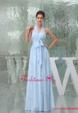 Light Blue Halter Ruches Sash Long Prom Gown Dress WD5-078FOR