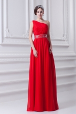 Red Empire One Shoulder Chiffon Prom Dress with Beading and Ruching FVPD288FOR