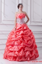 2014 Watermelon Ball Gown Strapless Beading Quinceanera Dress with Side Zipper FVQD030FOR
