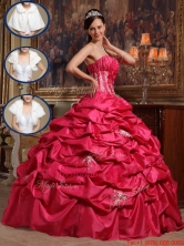 2016 Wholesale Coral Red Strapless Quinceanera Gowns with Appliques QDZY466BFOR