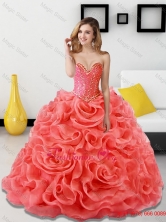 Popular Beading and Rolling Flowers Coral Red Sweet 15 Dresses for 2015 SJQDDT18002-1FOR