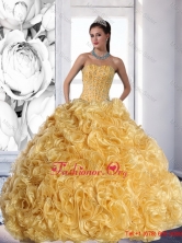 Unique Strapless Gold 2015 Quinceanera Dress with Beading and Rolling Flowers QDDTD8002FOR