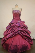 Affordable Ball Gown Strapless Floor-length Burgundy Appliques Quinceanera dress Style FA-L-251