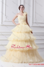 Beautiful A-line One Shoulder Beading and Ruffled Layers Quinceanera Dress in Light YellowFVQD020FOR
