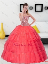 Flirting Beading and Ruffled Layers Sweetheart Coral Red Quinceanera Dresses for 2015 QDDTA39002FOR