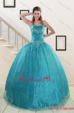 Perfect Spaghetti Straps Appliques Sequins Turquoise Quinceanera Dresses for 2015 XFNAO715FOR