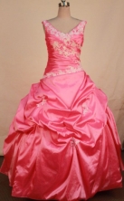 Popular Ball Gown V-neck Floor-length Rose Pink Taffeta Appliques Quinceanera dress Style FA-L-340