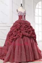 Spaghetti Straps Appliques and Pick-ups Quinceanera Dress in Burgundy FFQD0101FOR