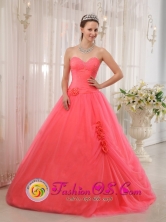 With Hand Made Flowers Sweetheart and A-line 2013 Concordia   Argentina Summer Quinceanera Dress Tulle Coral Red Style QDZY339FOR