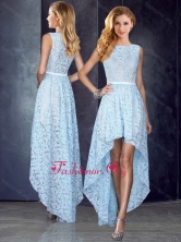 2016 Bateau High Low Light Blue Prom Dress in Lace PME1894FOR