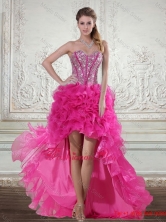 2016 Hot Pink High Low Sweetheart Prom Dresses with Beading and Ruffled Layers LFY091906TZBFOR
