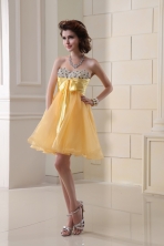 A line Sweetheart Organza Ruching Mini-length Prom Dress in Gold FVPD063FOR
