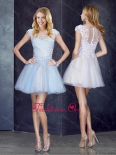 Bateau Applique Light Blue Short Prom Dress with Cap Sleeves PME1938FOR