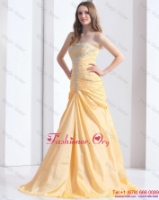 Brush Train Gold Prom Dresses with Ruching and Beading WMDPD144FOR