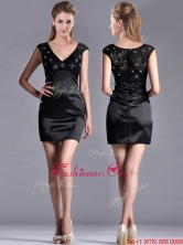 Classical V Neck Satin and Lace Prom Dress with Cap Sleeves THPD205FOR