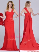 Column One Shoulder Watteau Train Coral Red Prom Dress with Side Zipper THPD297FOR