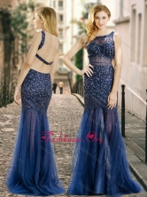 Column Square Beaded Backless Navy Blue Prom Dress in Tulle PME1879FOR