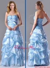 Column Sweetheart Long Light Blue Beaded Ruched Prom Dress in Organza THPD276FOR