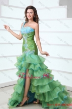 Cute A-Line One Shoulder Organza Beading and Ruffled Layers Green Prom Dress with High-low FFPD091FOR
