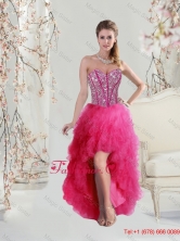 Elegant High Low Sweetheart Beaded and Ruffles Prom Dresses in Hot Pink QDDTA5004FOR