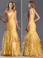 Elegant Mermaid One Shoulder Organza Ruffled Prom Dress in Gold THPD285FOR