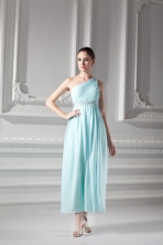 Empire Light Blue One Shoulder Beading and Ruching Prom Dress FVPD335FOR