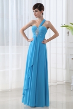 Empire Teal Blue Chiffon Prom Dress with One Shoulder Beading and Ruching FVPD020FOR
