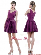 Exquisite V Neck Taffeta Purple Prom Dress with Handcrafted Flowers THPD008FOR
