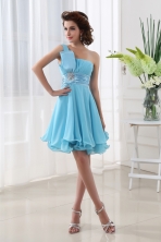 Fall A line Aqua blue One Shoulder Beading and Ruching Chiffon Prom Dress FVPD055FOR